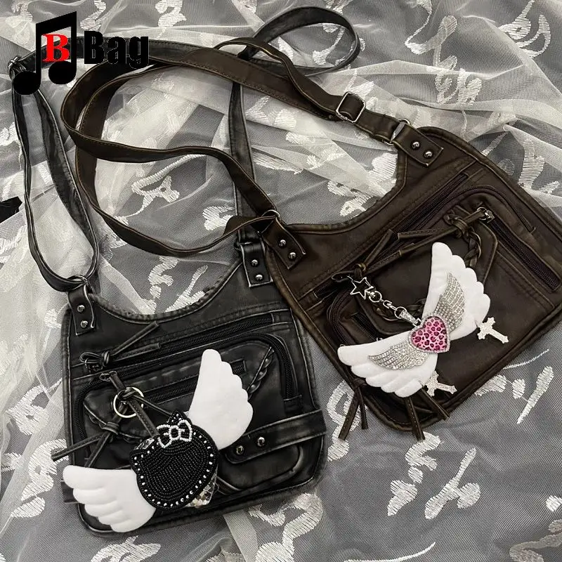 women's handbag Retro metal Locomotive wing leopard print Men unsex Y2K cool girl Harajuku Goth punk Versatile  crossbody bag