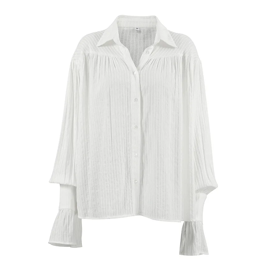 French Jacquard Cotton Shirt Women's Autumn Loose White Lapel Long-sleeved Shirt Niche Design Top