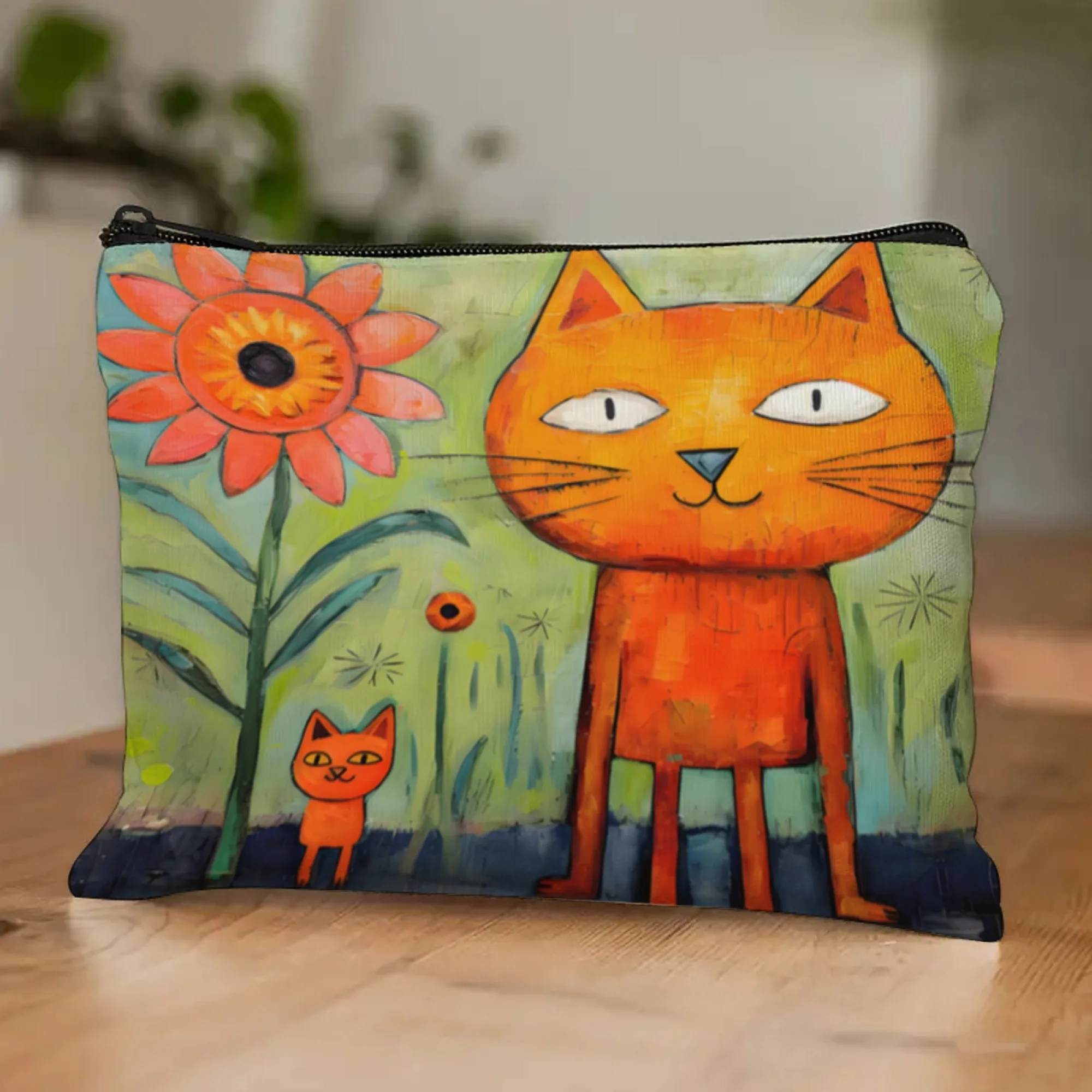 1 Stück Retro-Kosmetiktasche mit bezauberndem Blumen- und Katzenkunstdruck, faltbar, leicht, mit Reißverschluss, Make-up-Tasche für Frauen und Mädchen