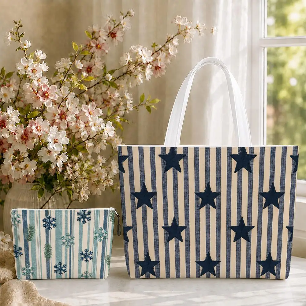 4th of July Patriotic Stars Storage Bags 2-Piece Set Double-Sided Canvas Tote Bags with Zipper Shopping Shoulder Handbags