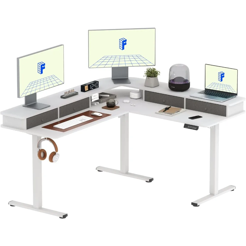 Computer Desks, 63'' L Shaped Standing Desk Electric Corner Table with Monitor Shelf, 4 Storage Drawers, Computer Desks