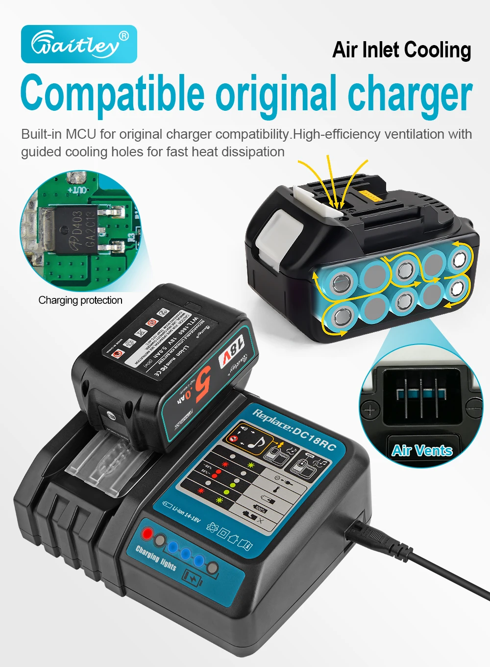 Waitley BL1850 18 V 5,0 Ah Ersatzakku für Makita Elektrowerkzeug 5000 mAh BL1840 BL1860 Akku mit LED-Leistungsanzeige 18 V 5 A – Detail 7