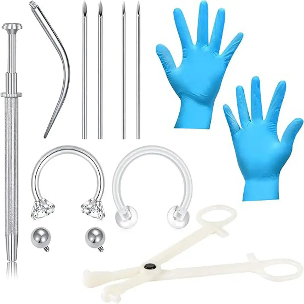 13Pcs Set Septum Piercing with Piercing Needles Taper Ball Grabber Tool Disposable Clamp Horseshoe Nose Rings Daith Lip Labret