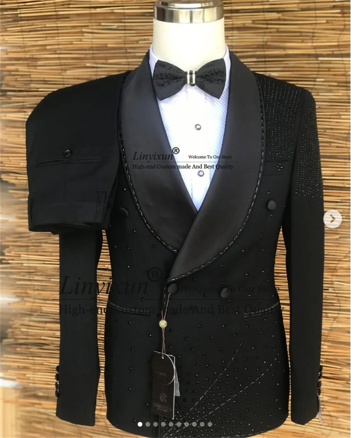 

High End Gem Crystal Men Suits Double Breasted Wedding Groom Tuxedo 2 Piece Sets Male Prom Blazers Customized trajes para hombre