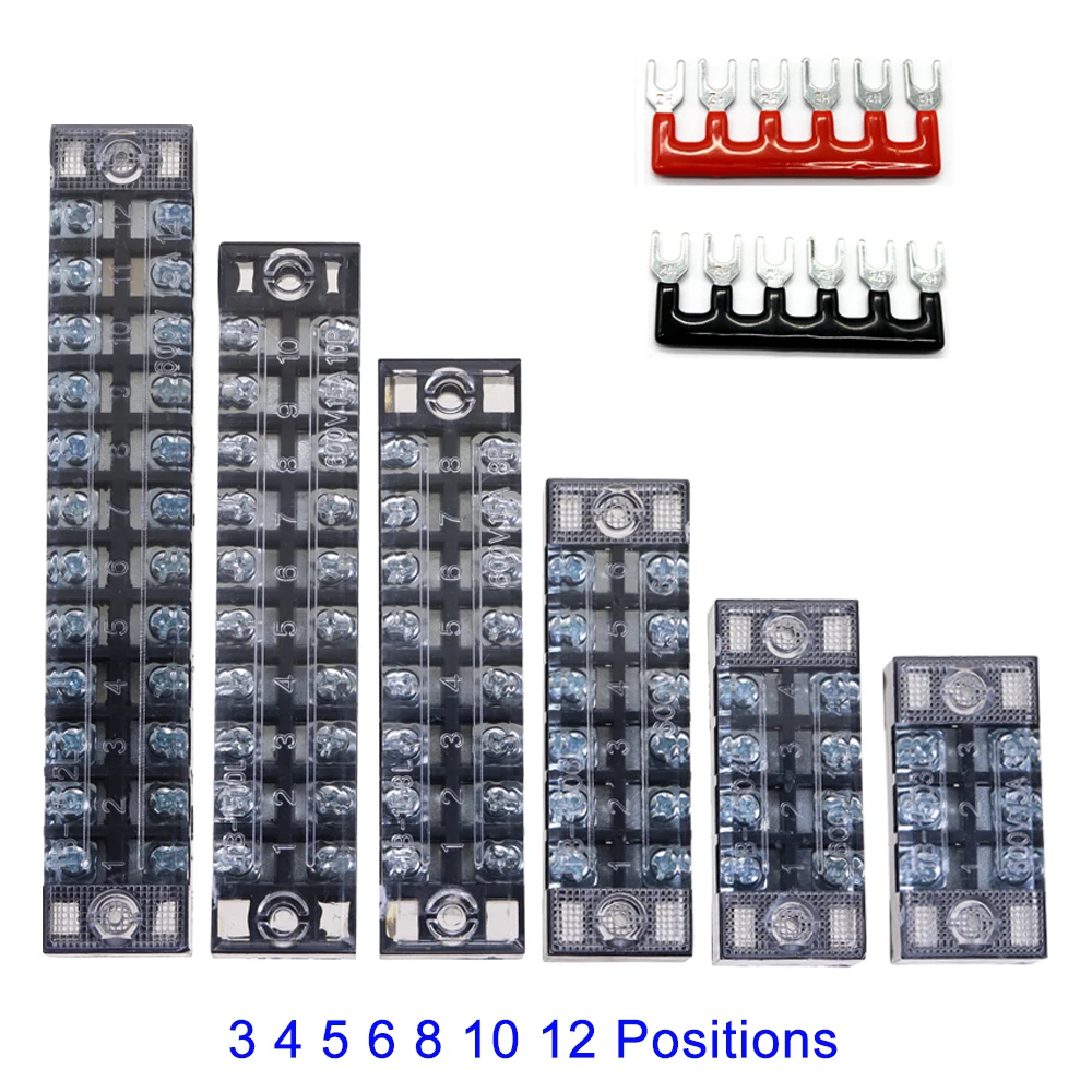 1pcs 15A 600V Dual Row Strip Screw Terminal Block With 2pcs Terminal Strip Short Piece TB Connector 3 4 5 6 8 10 12 Position