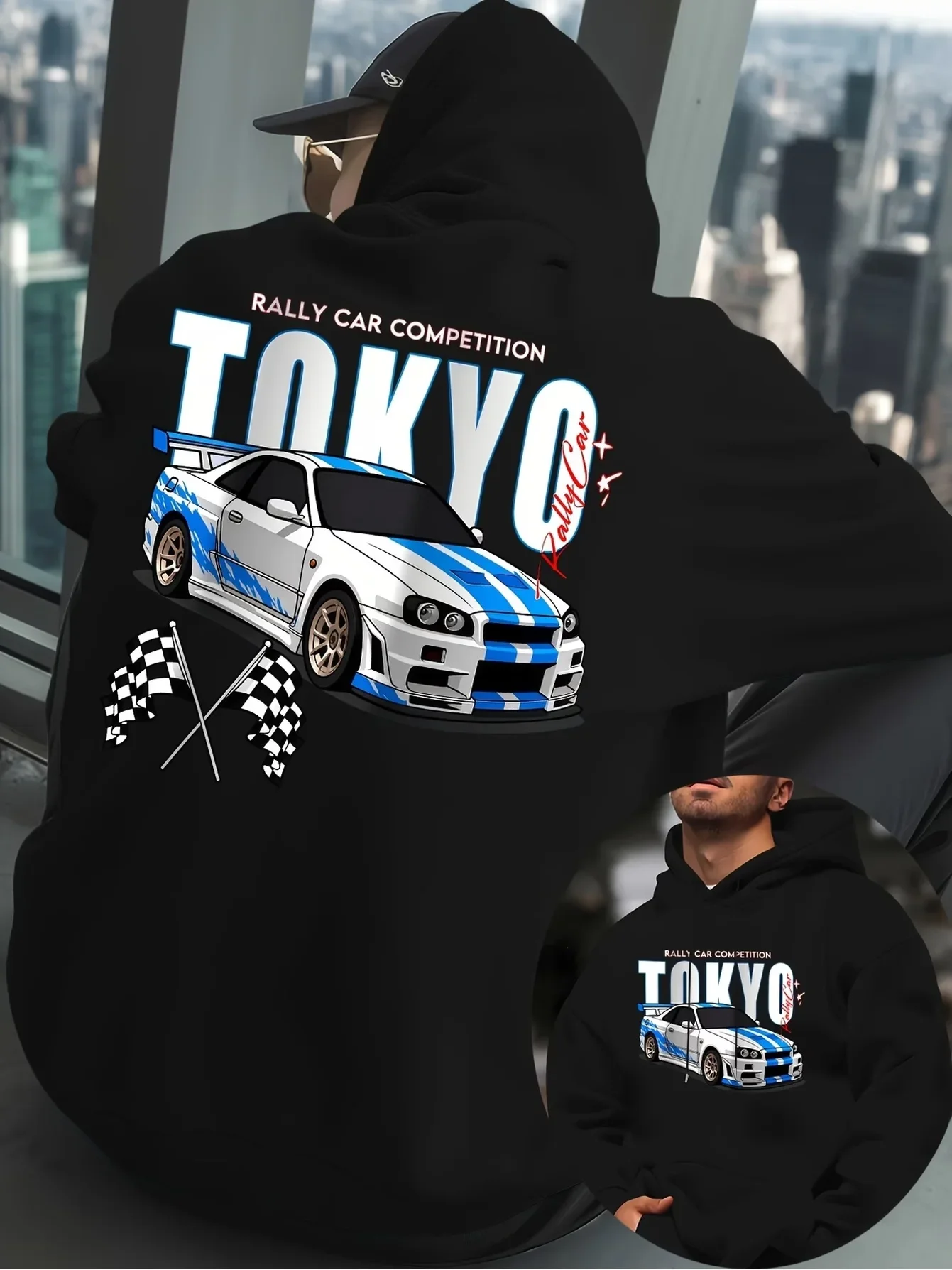 Tokyo Rally Car Competition JDM Sports Car Hoodie Unisex Loose Pullover Sweatshirt Front Back Print Car Lover Casual Autumn
