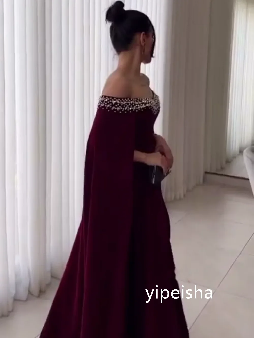 Customized Exquisite Jersey Pleat A-line Off-the-shoulder Midi Dresses Prom Dresses Modern Style Pastrol Unisex Chinese Style Fo