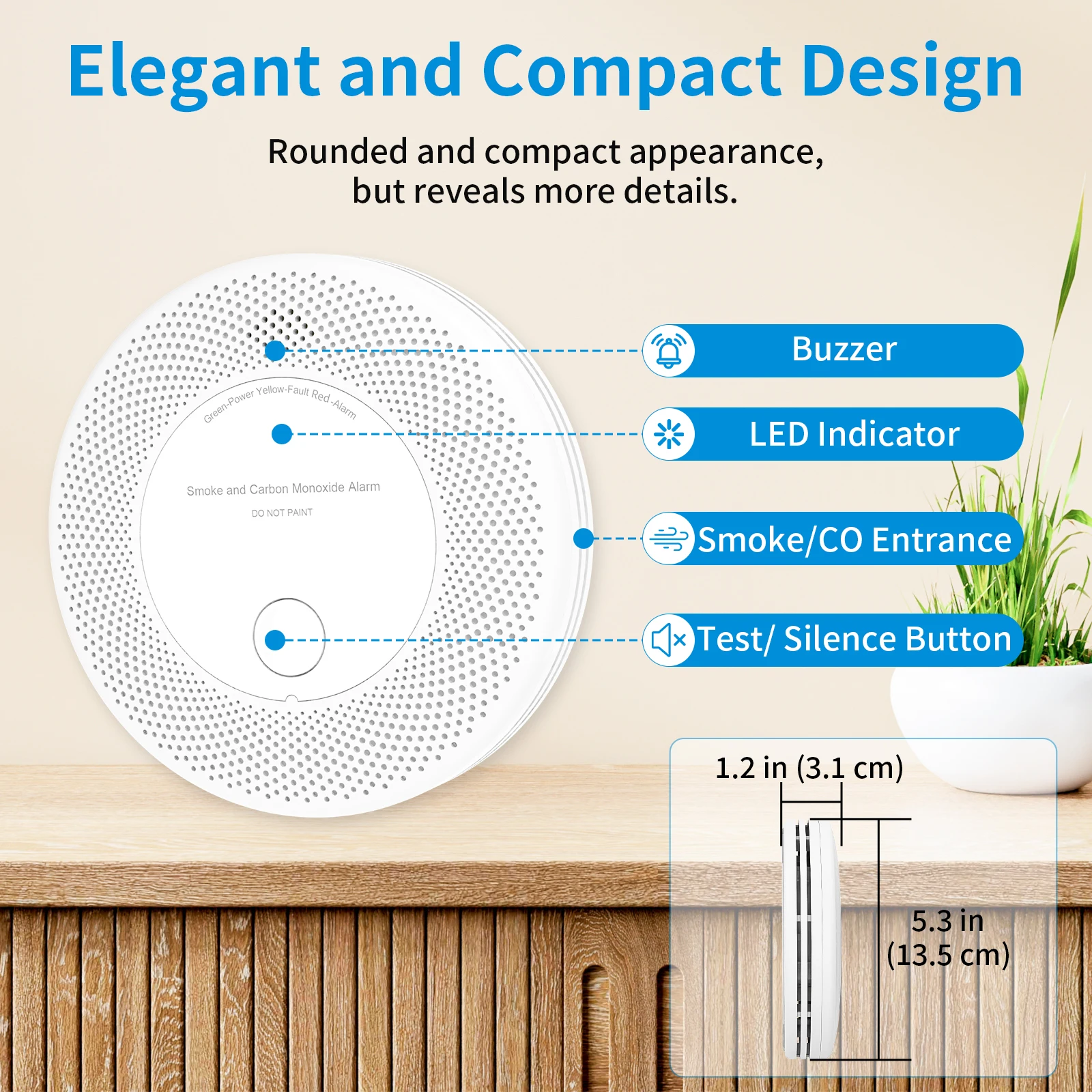 10-Year Battery Combination Smoke Carbon Monoxide Alarm Detector (Standalone)，2-in-1 Dual Sensor