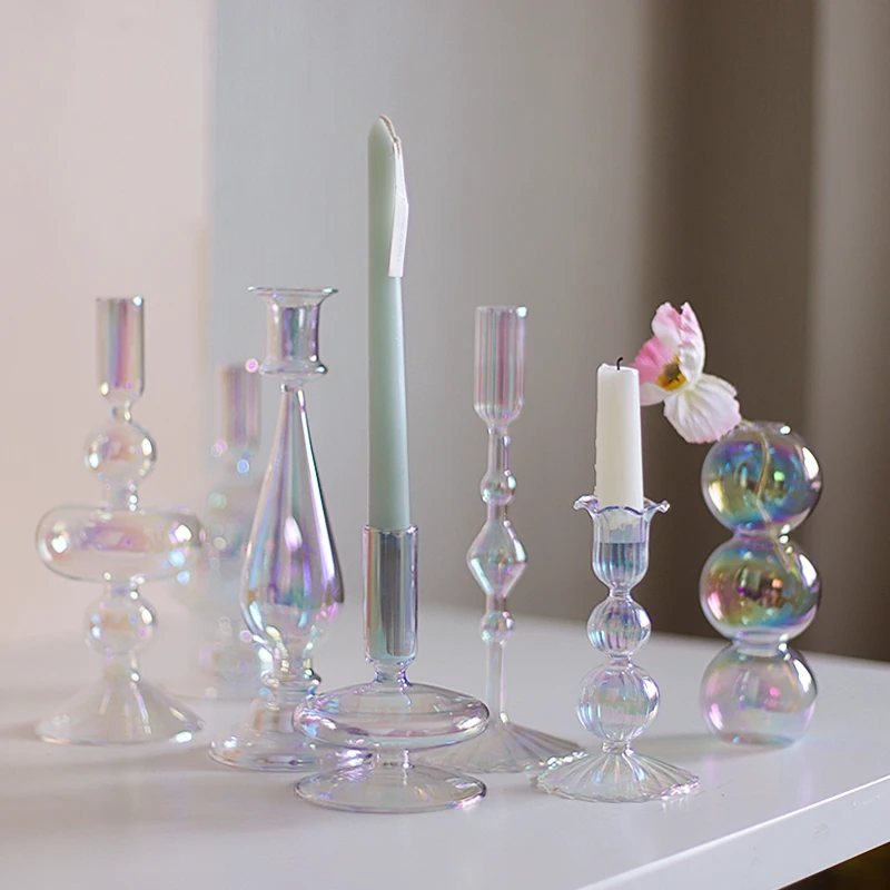 Luxury Iridescent Glass Candle Holder Home Decor for Table Nordic Rainbow Vase Flower Home Decoration Glass Candlestick Wedding