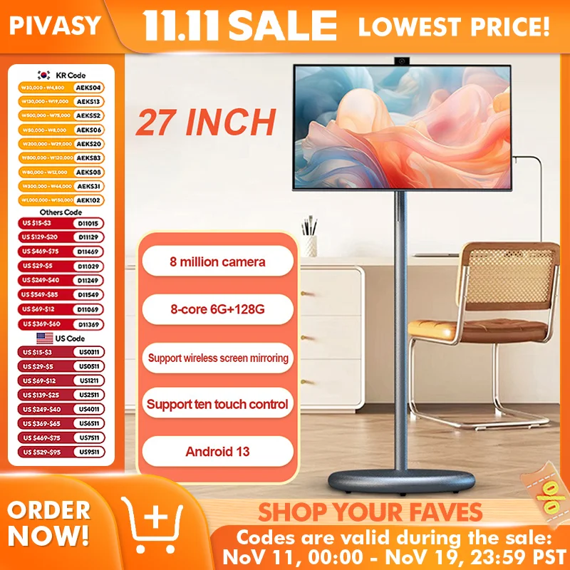 27 Polegada portátil smart tv android 13 câmera embutida 6 + 128g tela de toque rotativa 9600mah recarga display inteligente monitor cinza