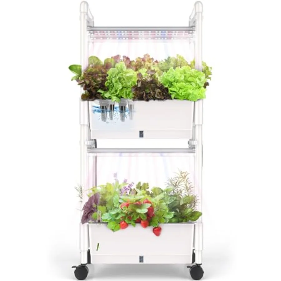 

Indoor Herb Garden Hydroponics System with LED Grow Light 28-Pod Automatic Timer Pump Kit Adjustable Height Glossy White 2-Laye