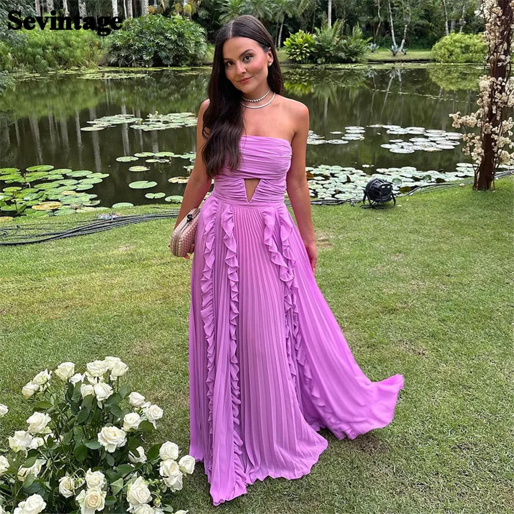 

Sevintage Elegant Purple Prom Dress Chiffon A-Line Strapless Crumpled Ruffles Formal Evening Dress Floor Length Party Gowns 2024