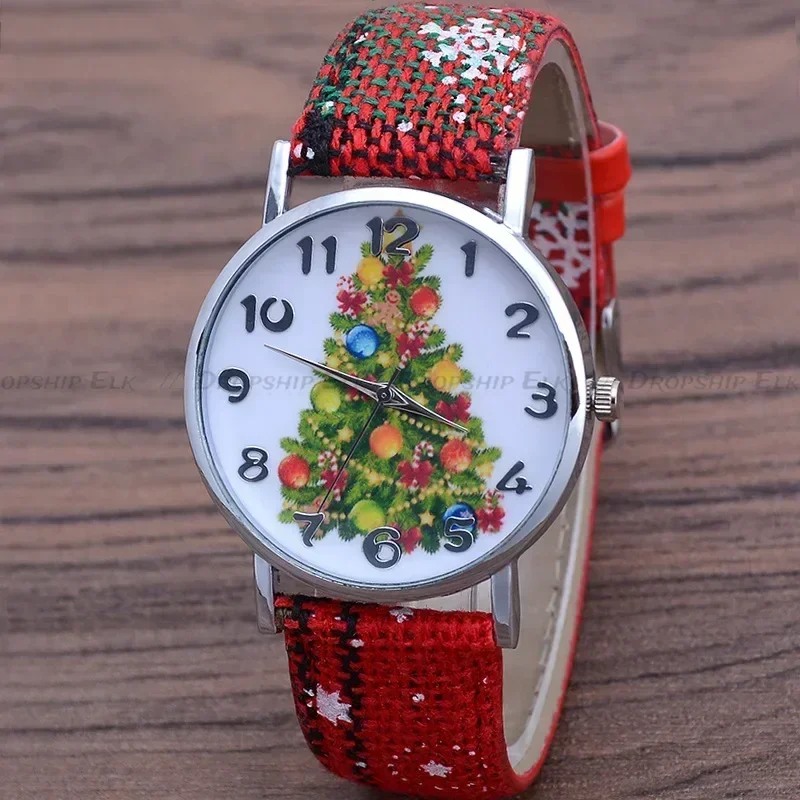 Для женщин и девочек снежинка блестящий большой циферблат Рождественская елка Санта-олень наручные часы кожаные кварцевые часы Рождественский подарок