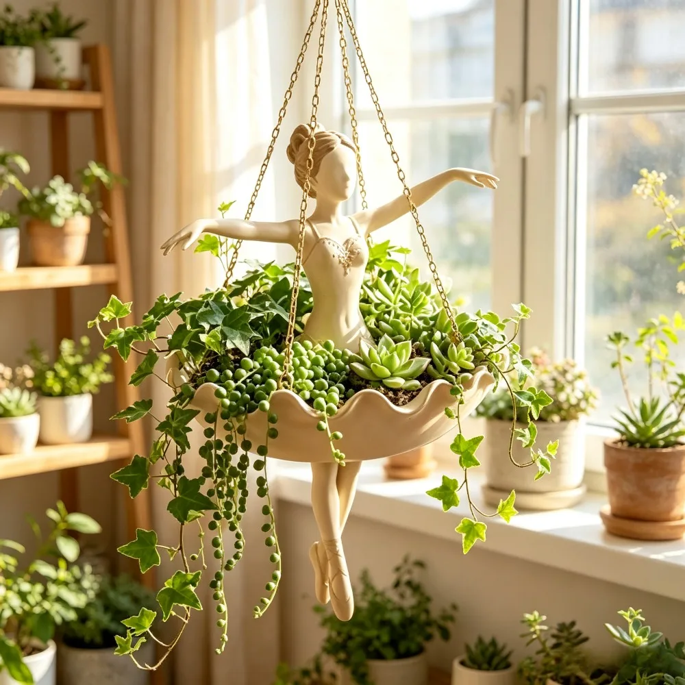 Resin Ballerina Hanging Planter Hand Carved Girl Figure Plant Basket UV Resistant Whimsical Garden Home Decor Flower Holder