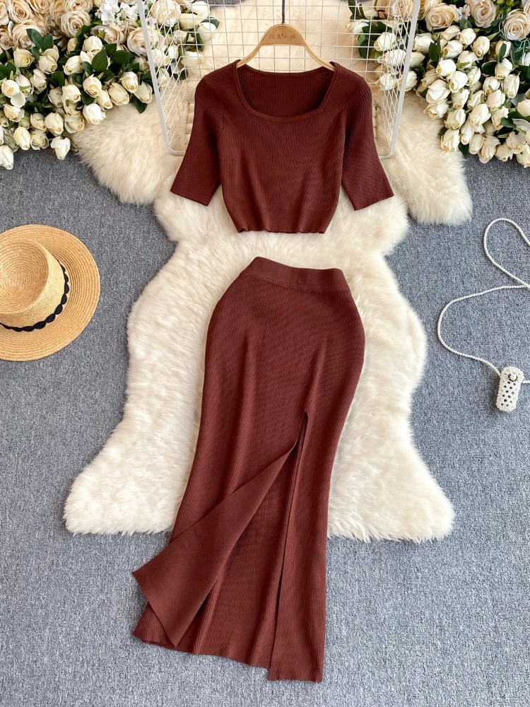 Women Casual Two-piece Set Summer Solid Color Short Sleeveless Knitted Crop Top Sexy High Waisted Split Wrap Skirt Sweater Suits