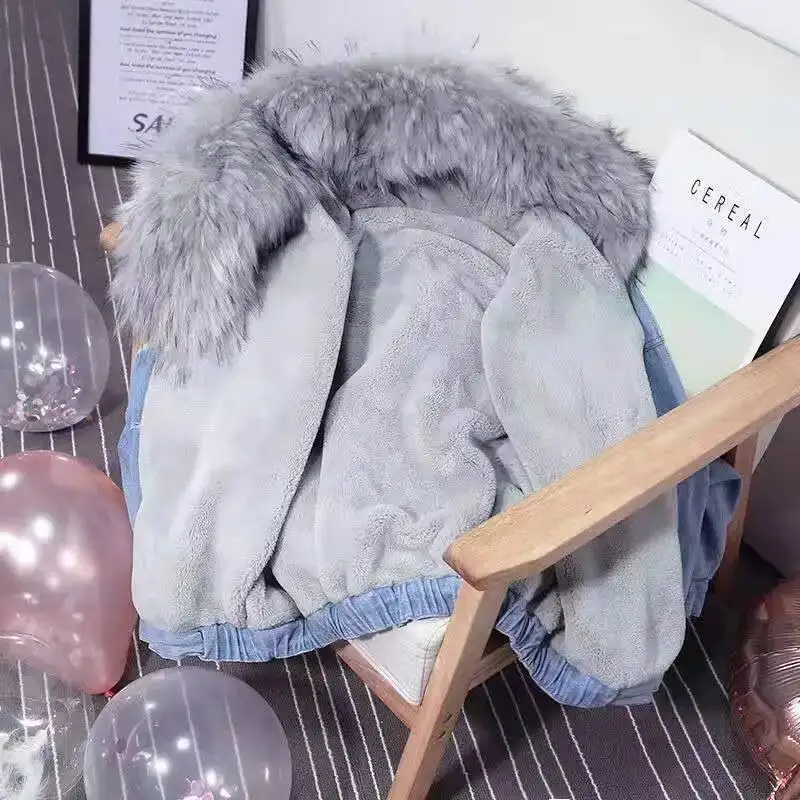Women's Denim Fleece Lined Winter Warm Coat Hooded Jacket With Big Fur Collar Thickened Casual