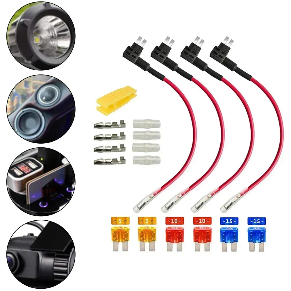 4Pcs 12V-24V Add-A-Circuit Fuse Extractor 2 Fuse Connectors 5A 10A 15A Piggy Back Blade Fuse Holder With Wire Harness