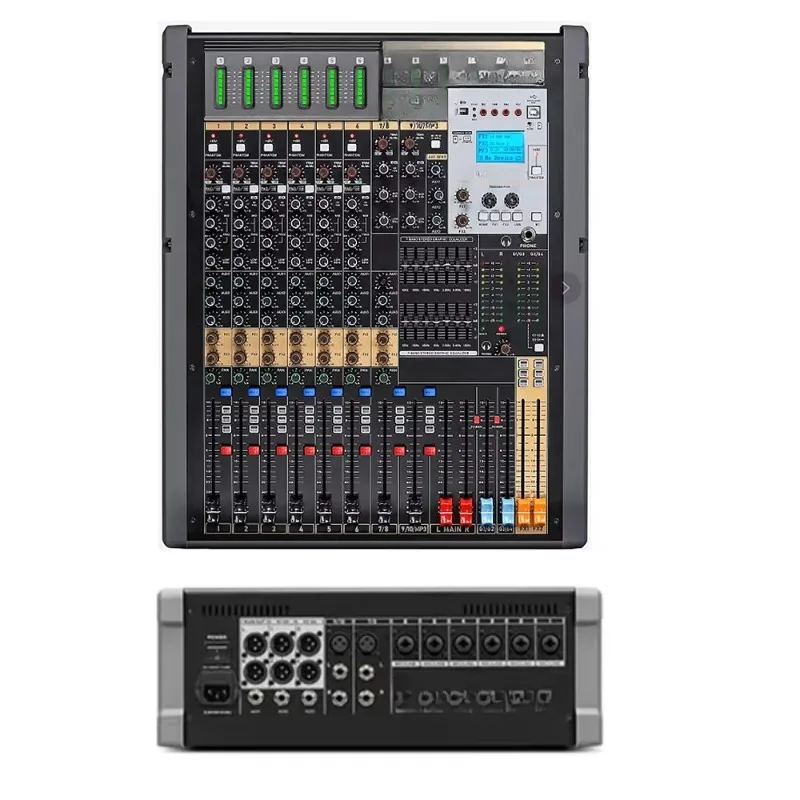 Newly designed 6-channel mixer with 2 stereo quad-output auxiliary sound card 7-band EQ 100mm fader