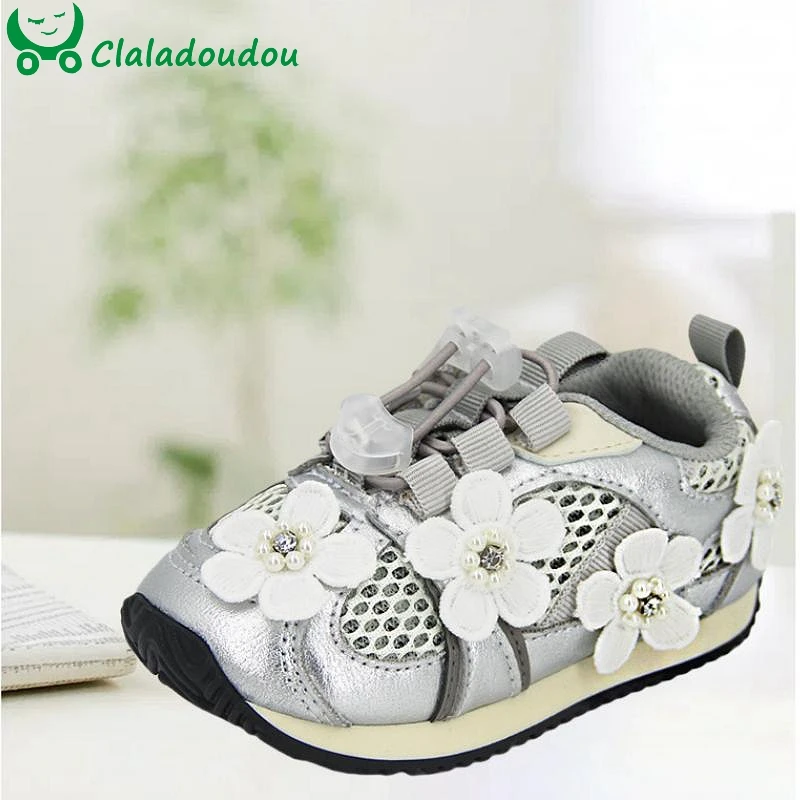 

Claladoudou Toddler Girls Flowers Sneakers,Silver Mesh Microffiber Soft Sports Shoes,Princess Girls Running Casual Shoes