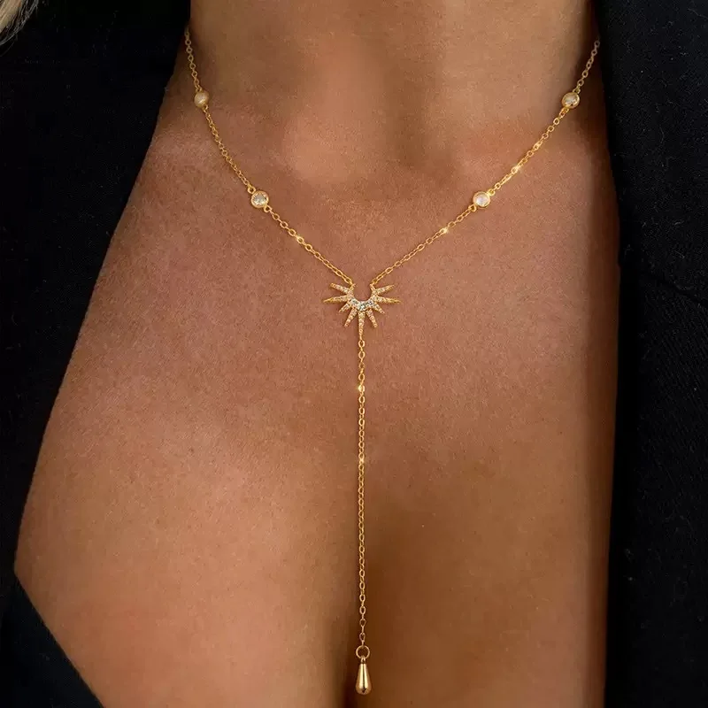 Fashion shiny Crystal Flower Necklace for Women Gold Color Y-Shaped Pendant Drop Dangle Necklaces for Mom Girls Jewelry Gift