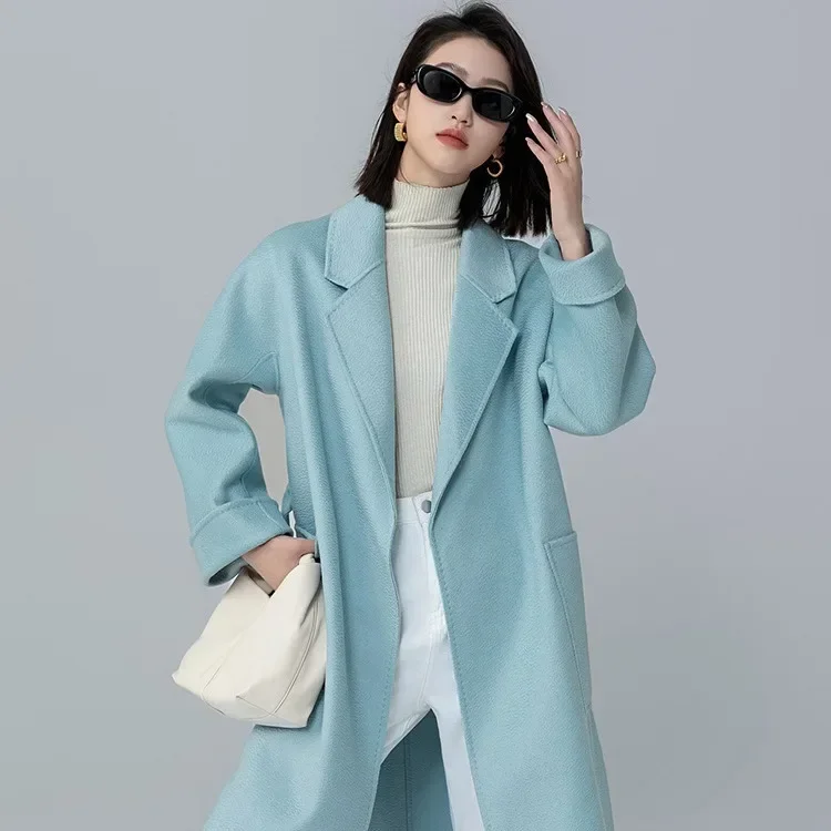 100 pure wool coat women's woolen coat high-end temperament water ripple cashmere coat