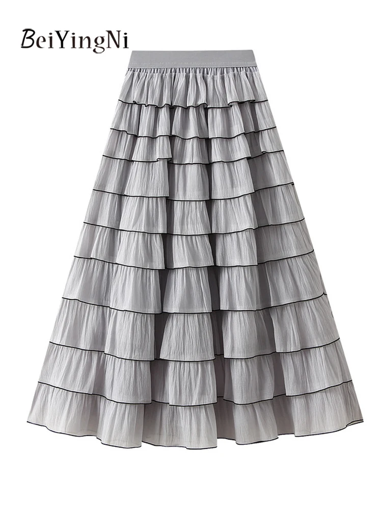 Beiyingni Franse Elegante Vrouwen Lange Taart Rokken Ruches Tiered Luxe Temperament Grijs A-lijn Maxi Rok Jupes Vrouwelijke Kleding