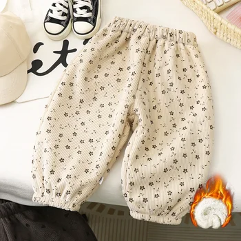 2026 Early Spring Fleece Lined Unisex Kids Pants Printed Toddler Boys Girls Trousers Retro Polka Dot Pattern Children's Clothes