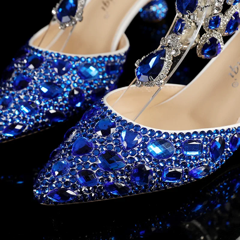 New 5cm Rhinestone shoes buckle round heel blue pointed Crystal Wedding sandals social dance Prom shoes Latin shoes size 35-43