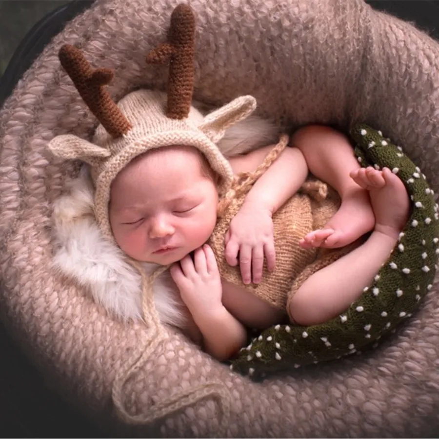 Hand Knitted Newborn Christmas Prop Rudolph Reindeer Christmas Bonnet Newborn Photo Prop Newborn Costume