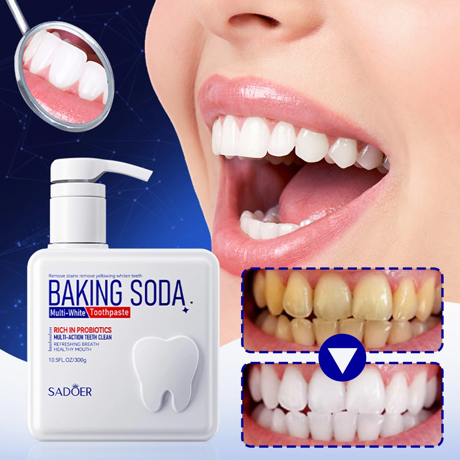 

300 г Отбеливающая зубная паста Нежная мята Интенсивное отбеливание зубов Защищает эмаль Удаляет пятна и освежает дыхание Ежедневный уход за полостью рта