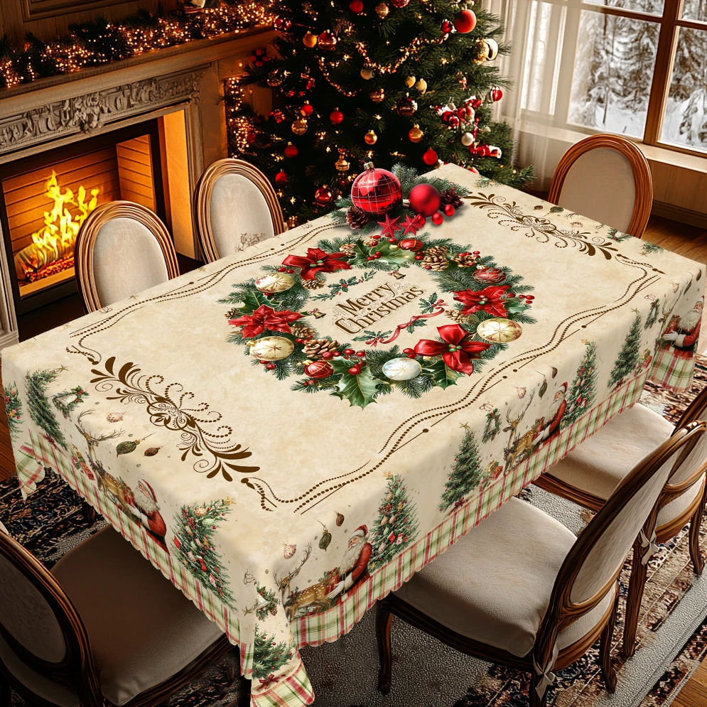 1 Piece of Christmas-Themed Round and Rectangular Tablecloth, Decorative Tablecloth with Santa Claus, Christmas Tree, Reindeer, Holly Leaves, and Poinsettia Wreath Patterns, Vintage Christmas Scene Atmosphere Decoration, Suitable for Christmas Family Kitchens, Dining Rooms, Patios, Garden Dinners, Indoor and Outdoor Use, Durable Polyester, Machine-Embossed Edges, Perfect Gift for Friends