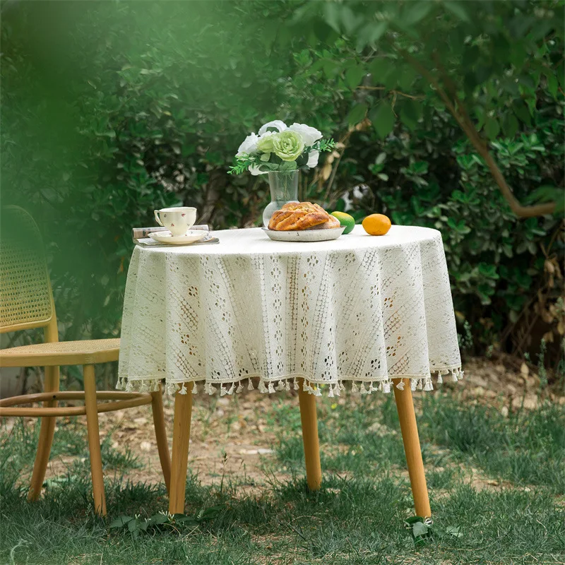 

Table Cloth Round Lace Flower Hollowed Out French Style Table Cover Romantic with Tassel Linen Tablecloth for Coffee Table Decor
