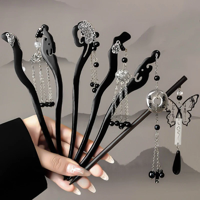 1pc Chinese Ancient Style Ink Painting Wooden Hairpins High-end Tassels Convenient Fast Hairpin Arrangement Hanfu Qipao Headwear