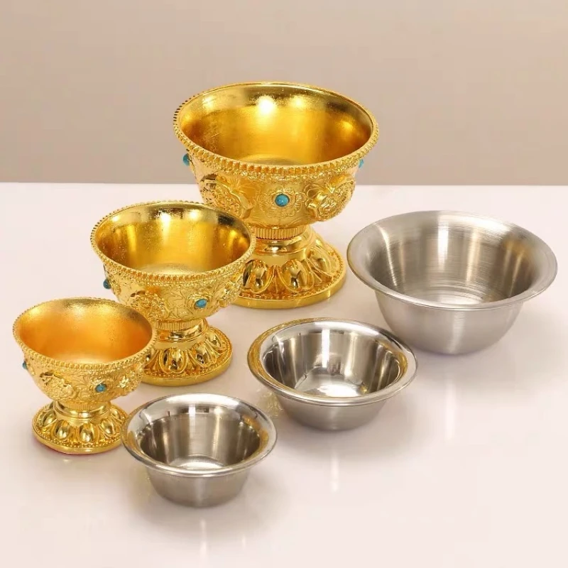 

Golden Tibetan Bowl, Zinc Alloy, Tantric Holy Cup,Engraved Inlaid Gem Buddhist Tribute Bowl, Desktop Decorative ,1Pcs, 10 cm