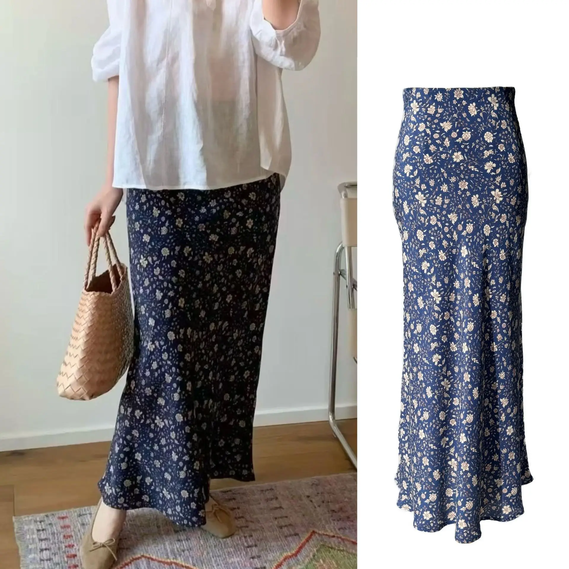 

Sapphire Blue Floral Romantic French Slim-fit Versatile Diagonal Silk Skirt Long Skirts 17-18mm 100% Mulberry Silk