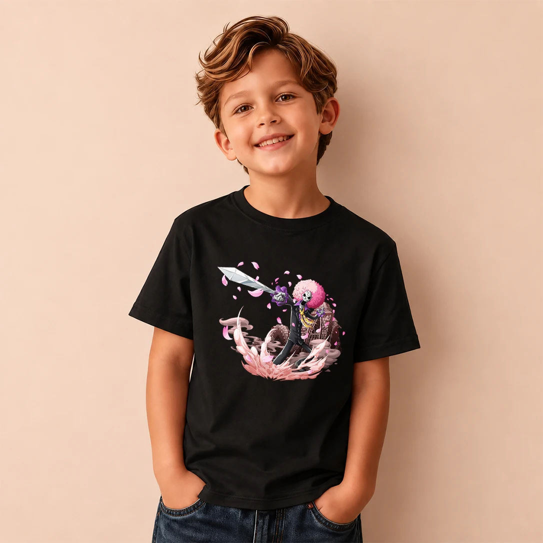 Kids T‑Shirt One Piece Brook Sword Fighting Print Short Sleeve Casual Tops Boys Girls Anime Children Daily Wear Tees