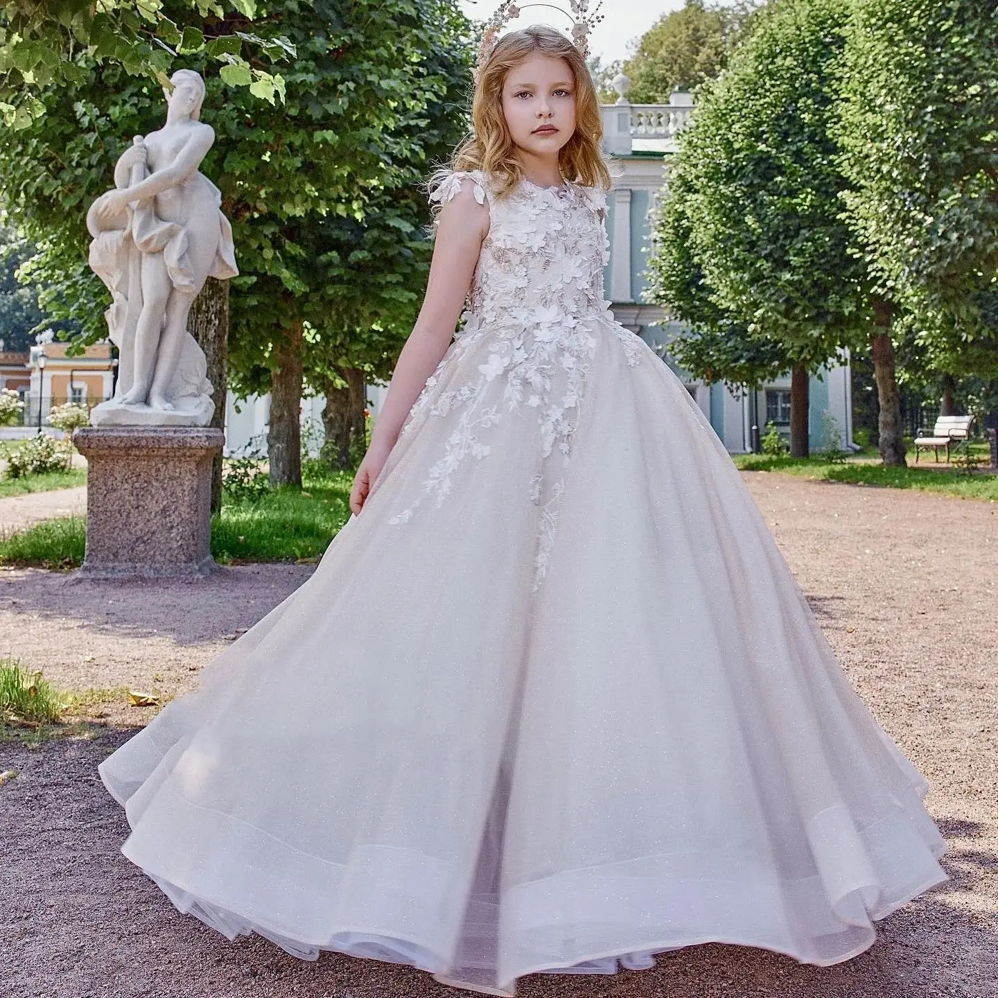 Vestidos Flower Girl para casamento, Apliques de renda, Vestido de festa infantil, Tule sem mangas, Até o chão, Vestidos Pageant