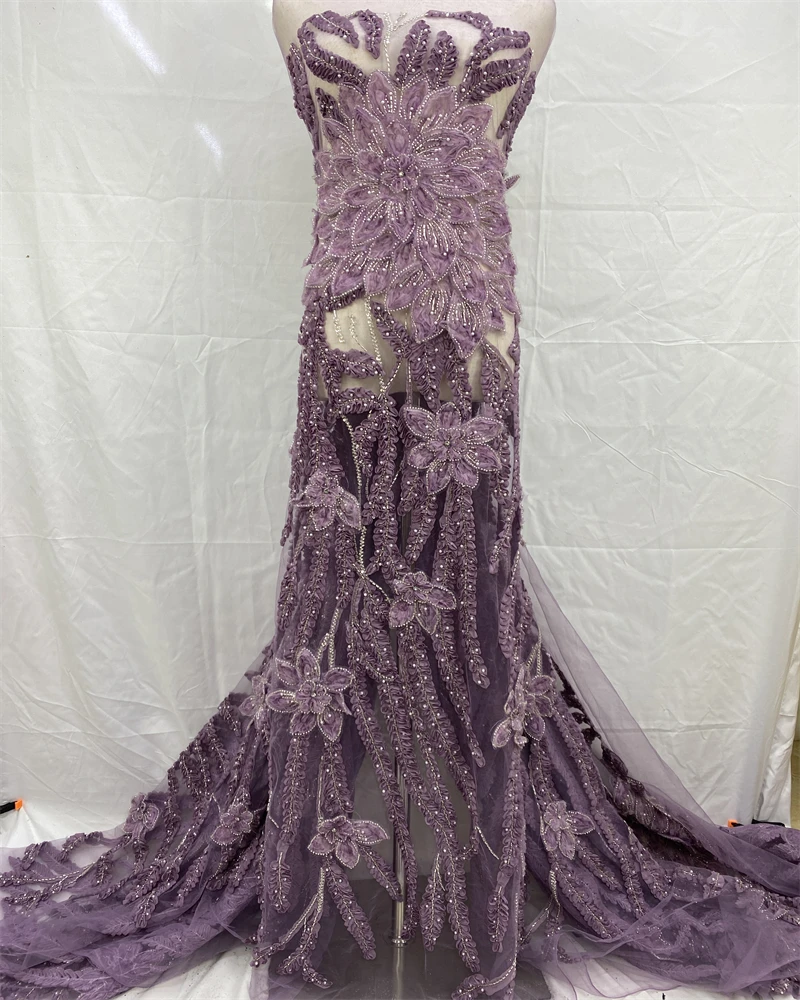Luxury Luxury African French Tulle Lace Fabric  High Quality Beaded Nigerian Sequins Lace Fabric for Wedding Dress Sewing