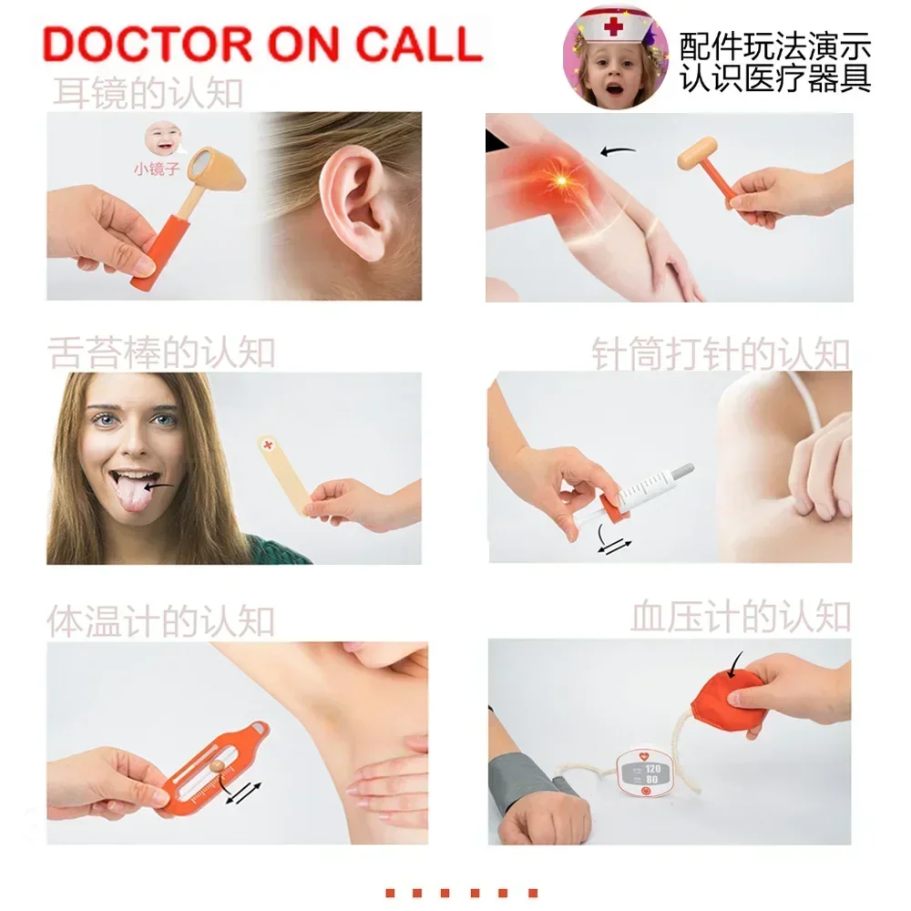 Kinder Holz Pretend Play Kit Spiele für Mädchen Jungen Rot Medizinische Zahnarzt Medizin Box Stoff Taschen Geschenke Arzt Spielzeug für Kinder Set