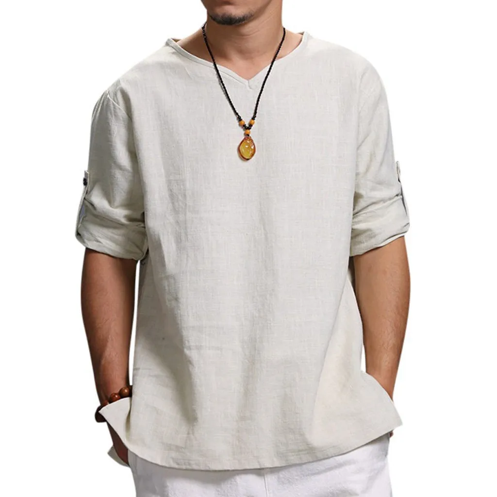 

Summer Men's V Neck Cotton Linen T Shirts Male Breathable Three Quarter Casual Loose Casual Pullover Men T-Shirt