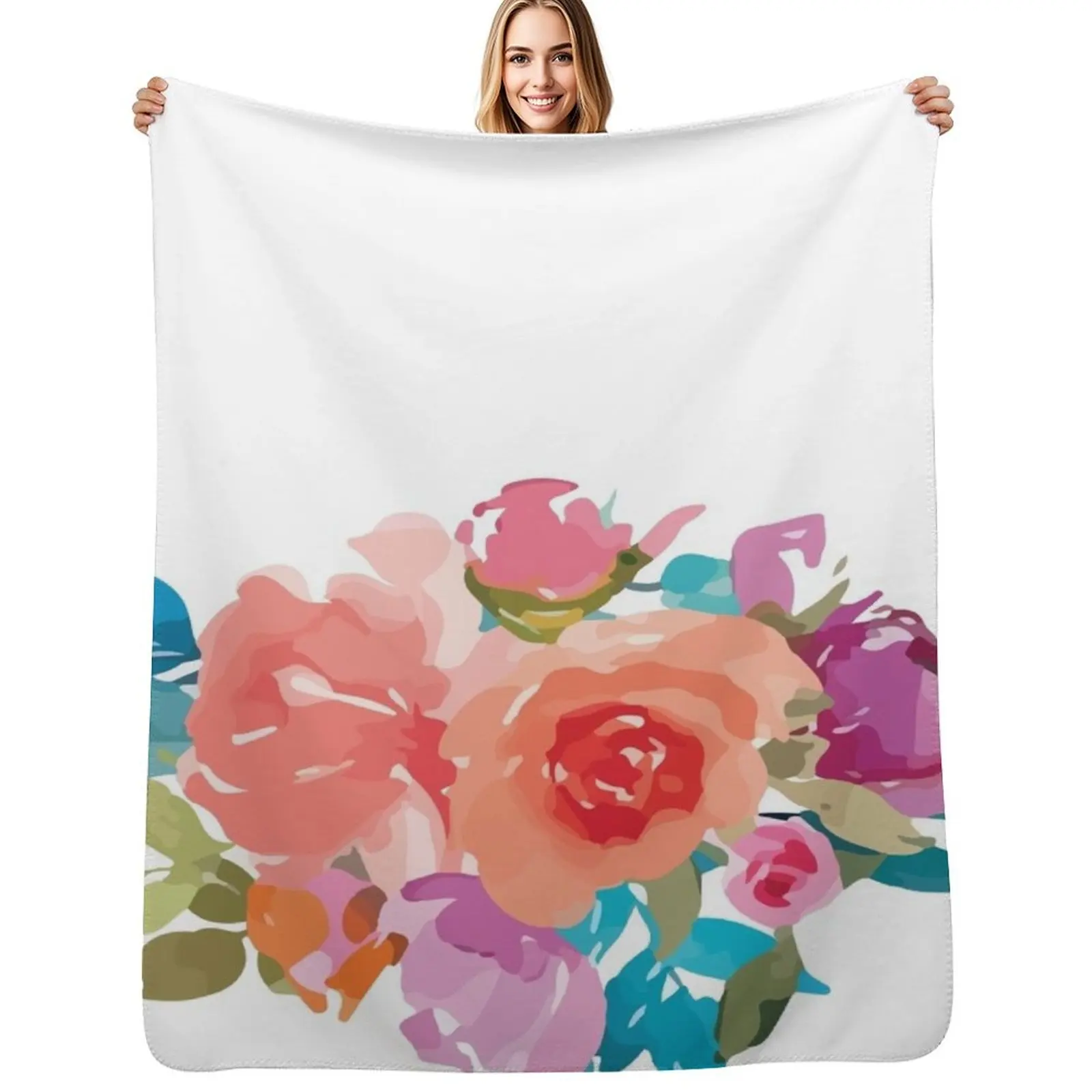 

Romantic Watercolor Flower Bouquet on White Throw Blanket Designers Winter beds Travel Beautifuls Blankets