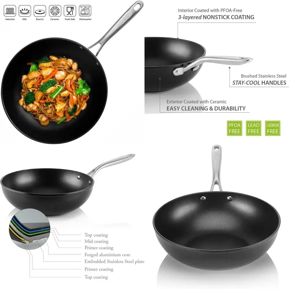 

12-Inch Nonstick Flat Wok Pan by Onyx Collection, PFOA-Free, Dishwasher & Oven Safe, Korean Made