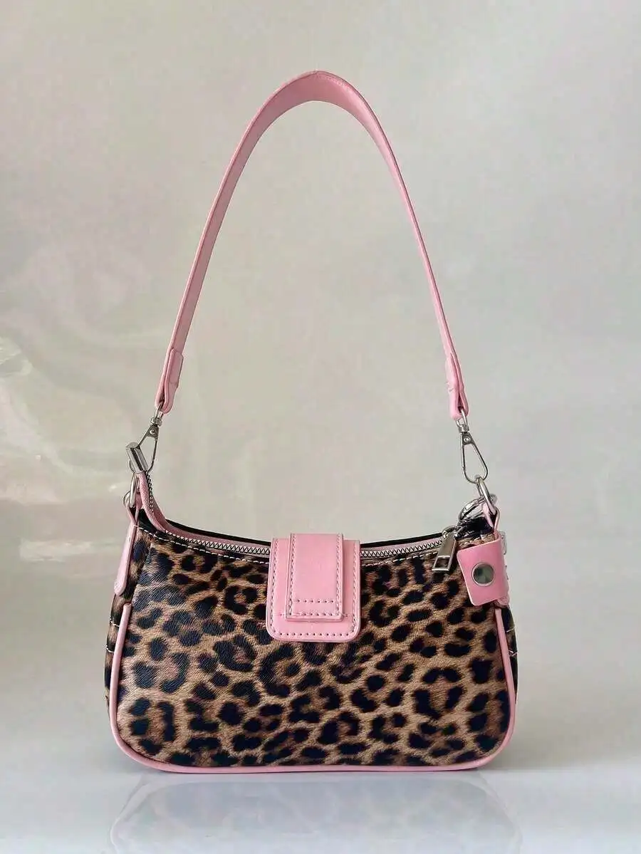 

PU Leather Leopard Print Crescent Handbag With Pink Strap For Women