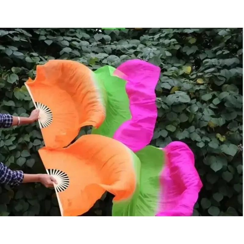 

100% Real Silk Belly Dance Long Fans Bamboo Handle Folding Silk Fans Dancer Performance Props 180x90cm Gradient Color Silk Fans