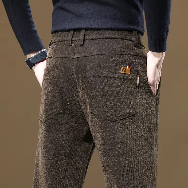 Men's Thick Business Casual Pants 2026 Autumn Winter New Chenille Fabric Loose Straight Trousers Fashion Black Gray Camel