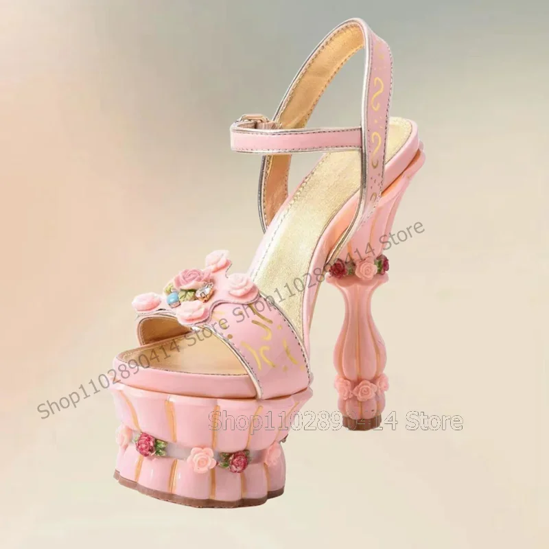 

Pink Floral Fretwork Design Open Toe Platform Sandals Ankle Buckle Strap Women Shoes Strange Style Heel 2024 Zapatos Para Mujere