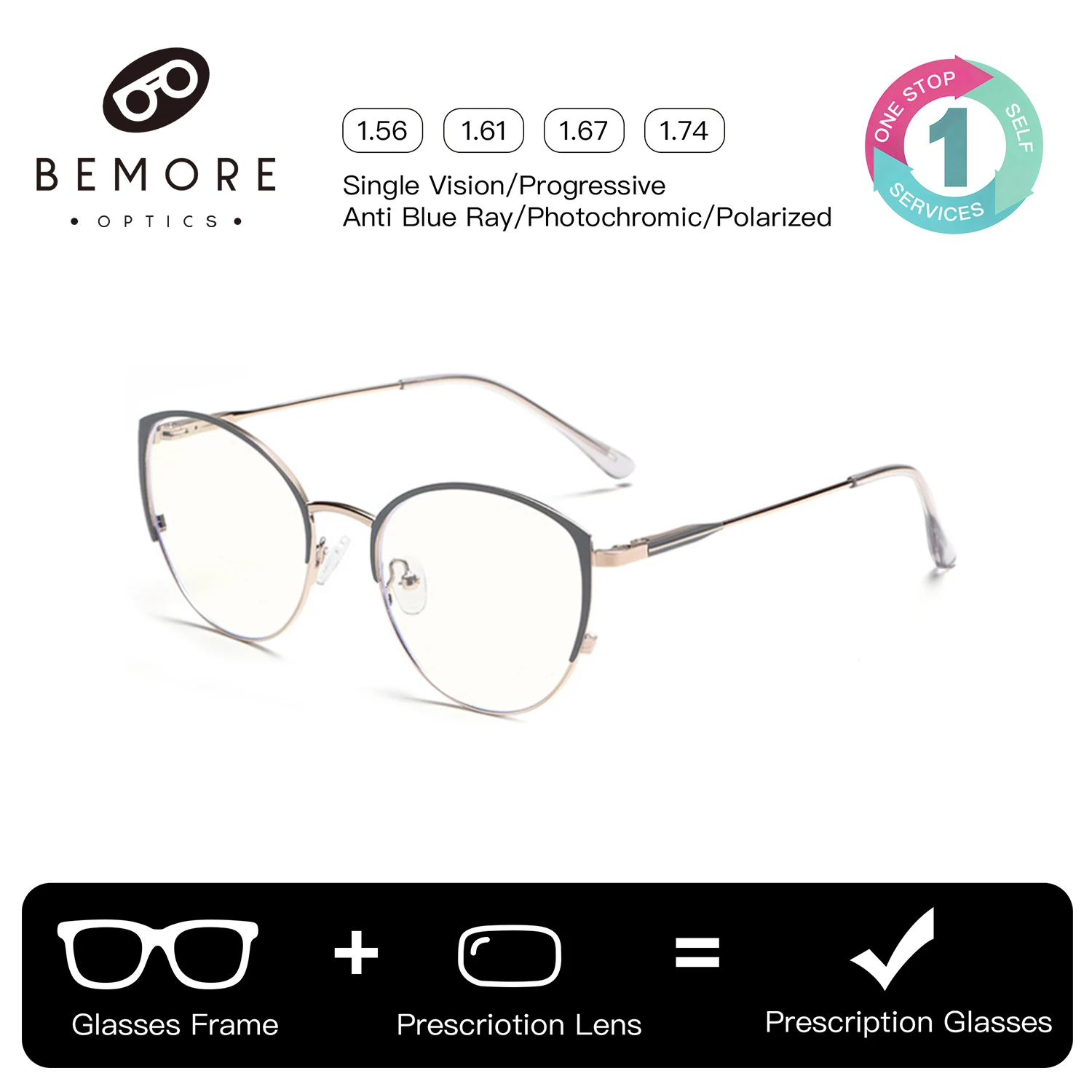 

BEMORE Cat Eye Alloy Clip on Prescription Eyewear Women Polarized UV400 Magnetic Optical Varifocal Shadow Eyeglasses