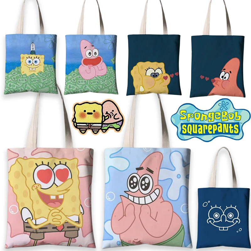 Сумка на одно плечо Губка Боб, холщовая сумочка на молнии, мультяшный саквояж кросс-боди, модная Холщовая Сумка для девушек с загруженными книгами