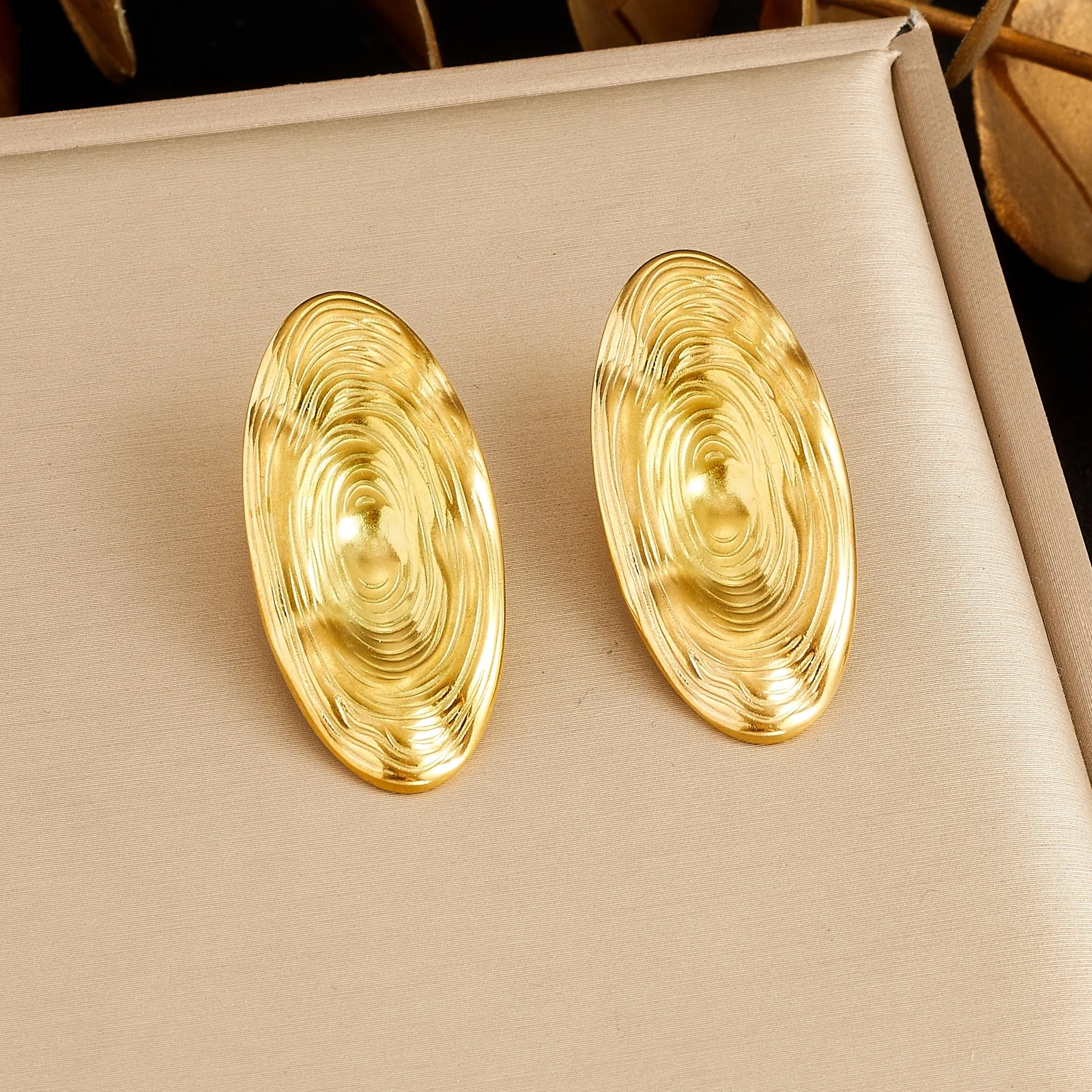 LAMENGLY 316L Stainless Steel Delicate Water Ripple Textured Oval Stud Earrings Gold Plated Jewelry Delicate Gift for Women Girl
