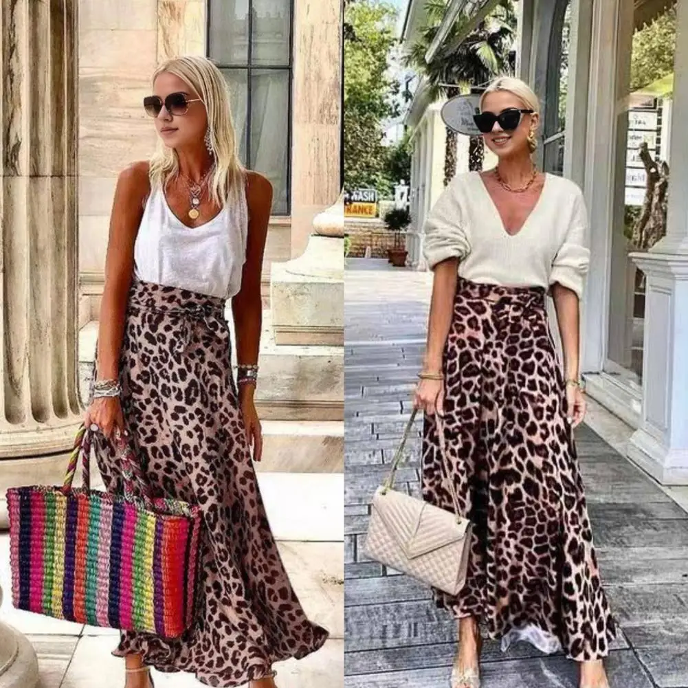 

Leopard Print Skirt Leopard Print Maxi Skirt High-waist Flowy Hem with Belt Chic Commuting Style for Women High-waisted Leopard